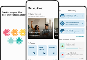 Infinit Care app screens: mood check-in, support coaching, and journaling