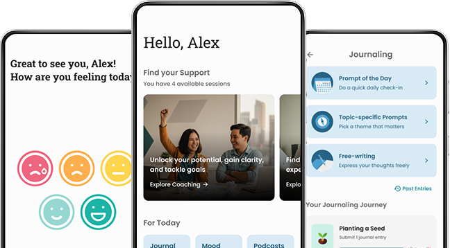 Infinit Care app screens: mood check-in, support coaching, and journaling